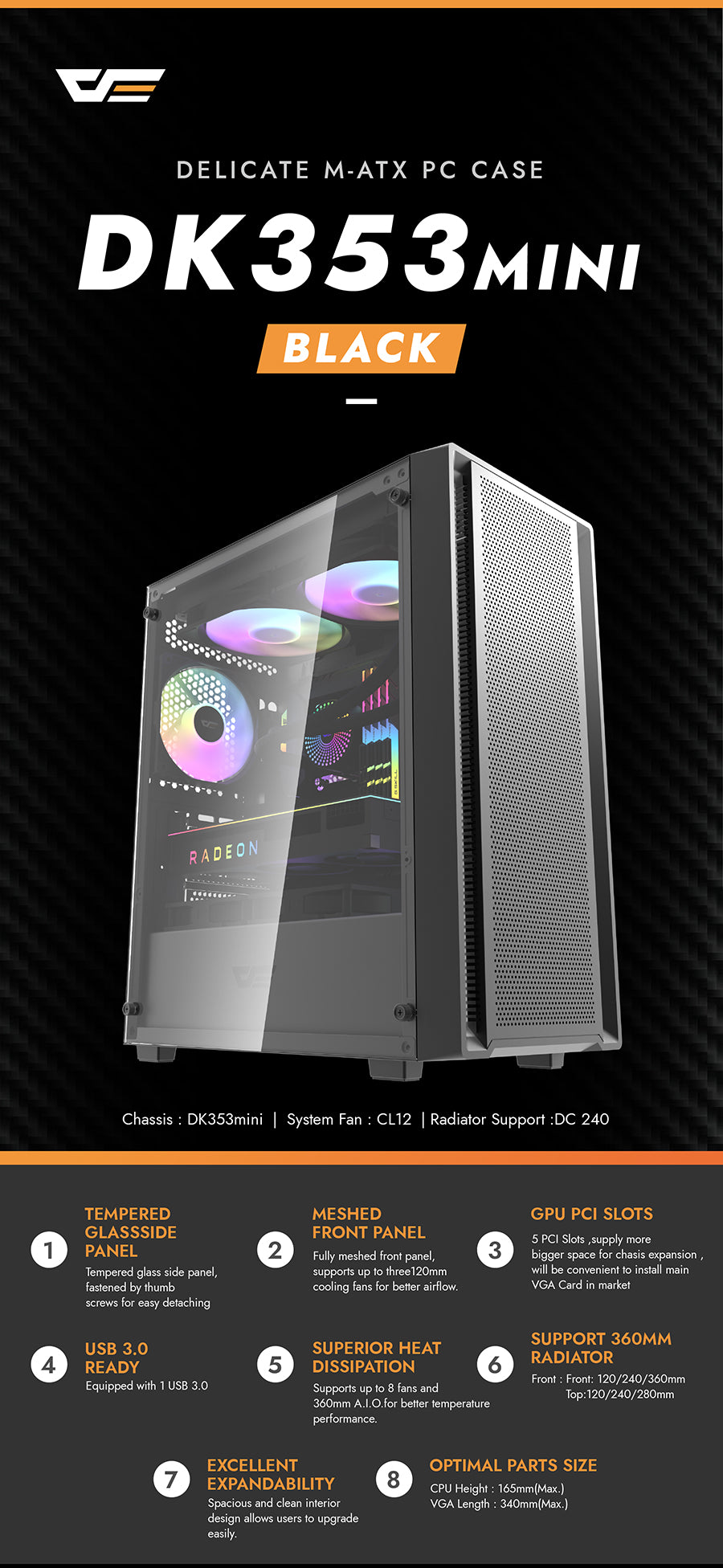 Darkflash DK353 MINI MATX 機箱 - Black 黑色