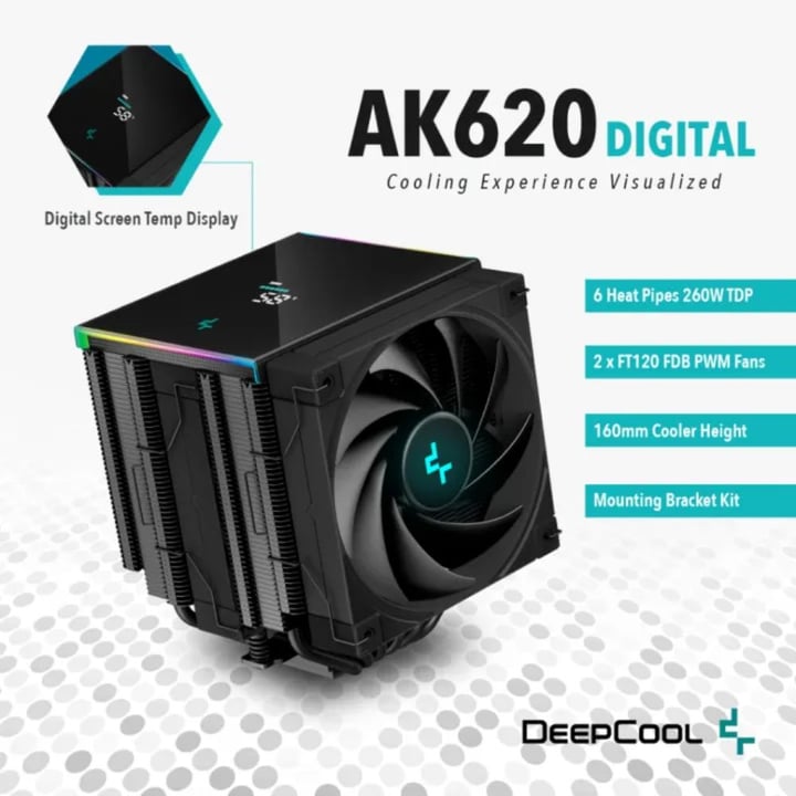 DEEPCOOL AK620 數字屏 Digital ARGB Six Copper Heat Pipes 雙塔式 六導熱風冷散熱器