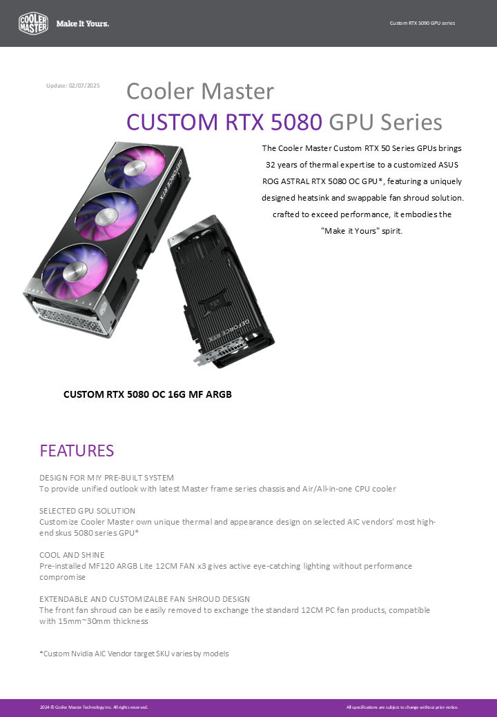 Cooler Master 客製化 GeForce RTX 5080 16GB GDDR7 OC 顯示卡